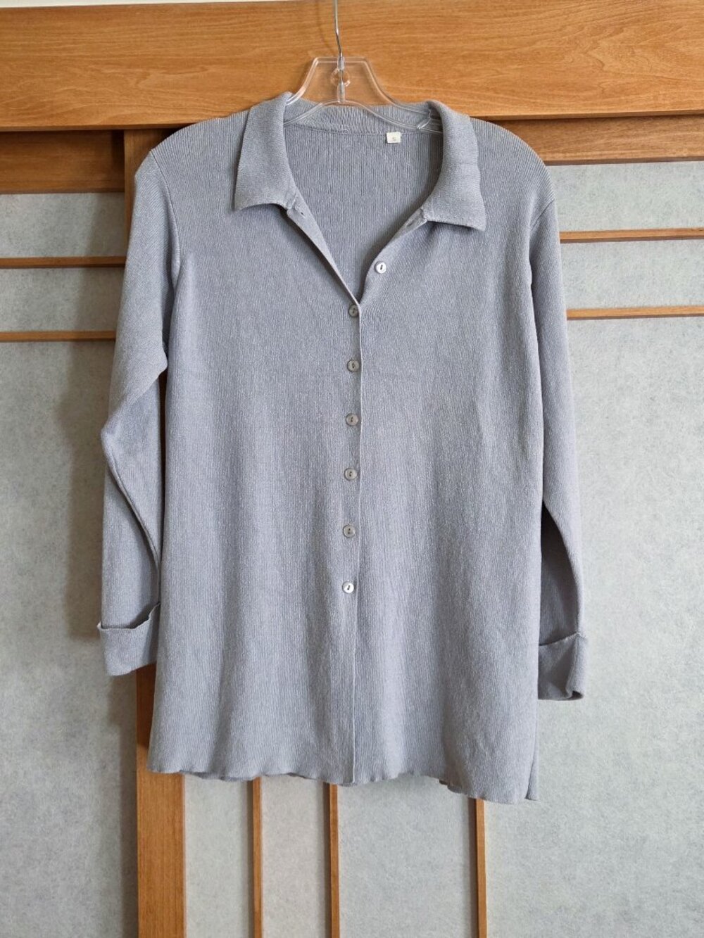Light Grey Silver Cardigan sz S Buttons Collared Blouse Type Folded Cuff Sleeve